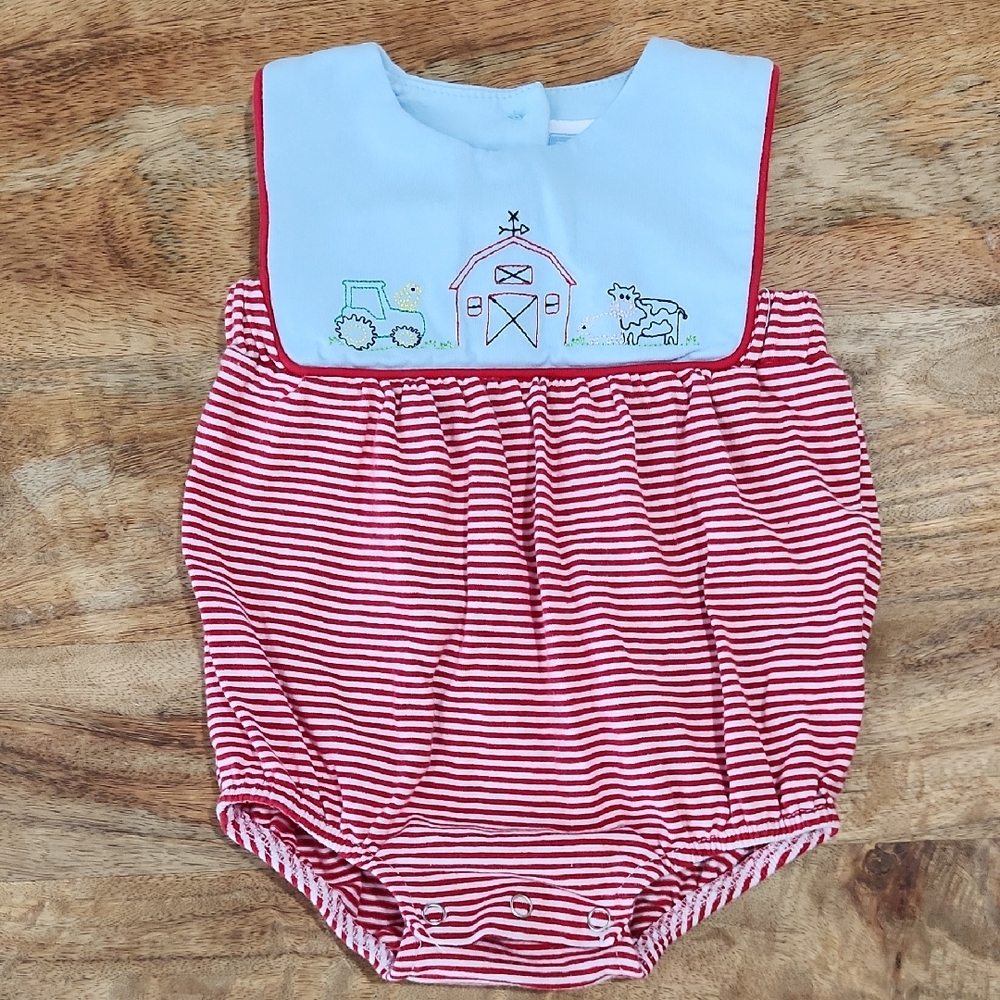 Trotter St Kids Boutique Red & White Striped Baby Bubble with Farm Applique